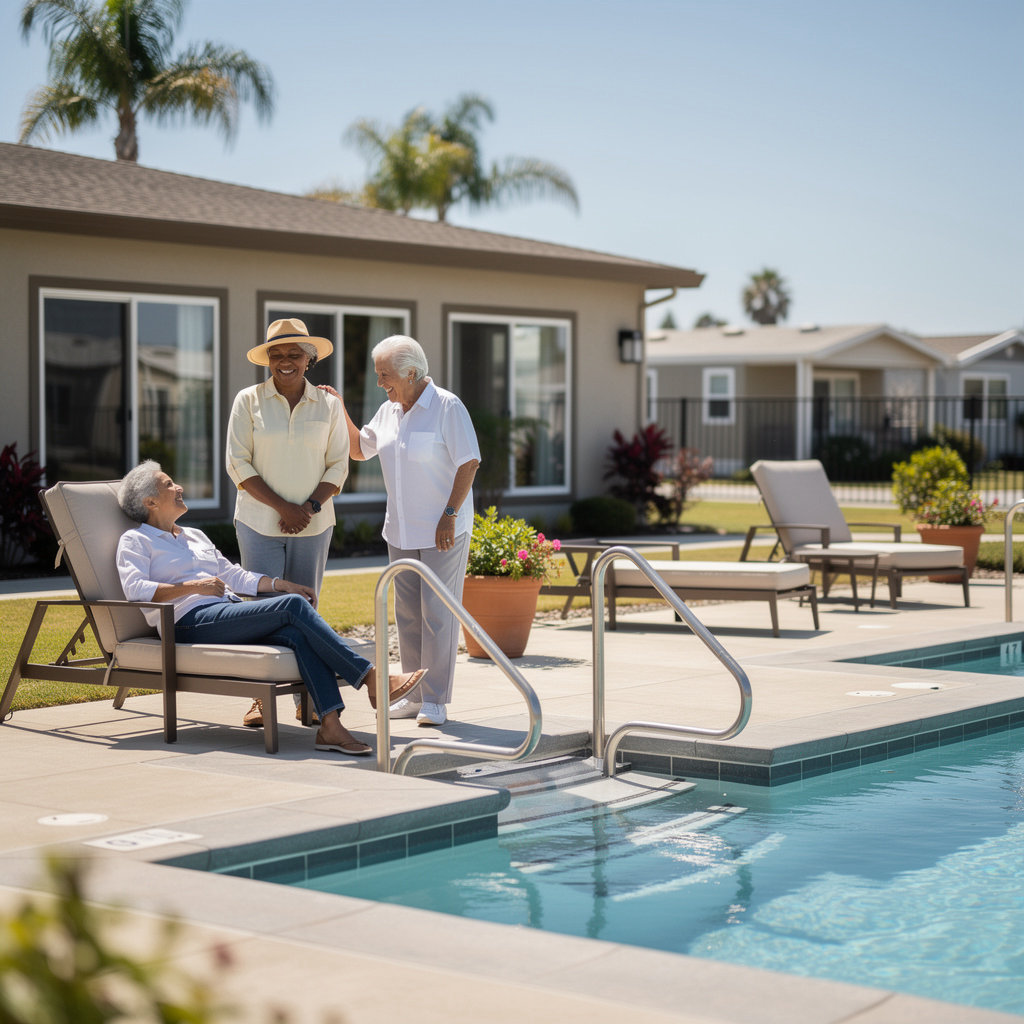 Vista De Santa Barbara Mobile Home Park clubhouse and pool amenities for senior community living in Carpinteria